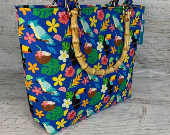 Tropical Vacation Paradise - SMALL Tote Bag - Purse - Handbag - Crossbody - Canvas - MCM - Retro Modern - Tropical - Tiki Birds - Parrots