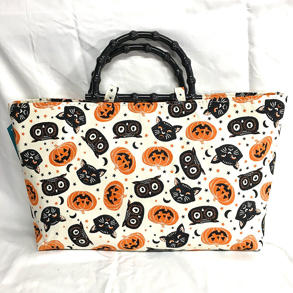 Tote Bag Purse Handbag Vintage Halloween Pumpkin Black Cat Owl scary