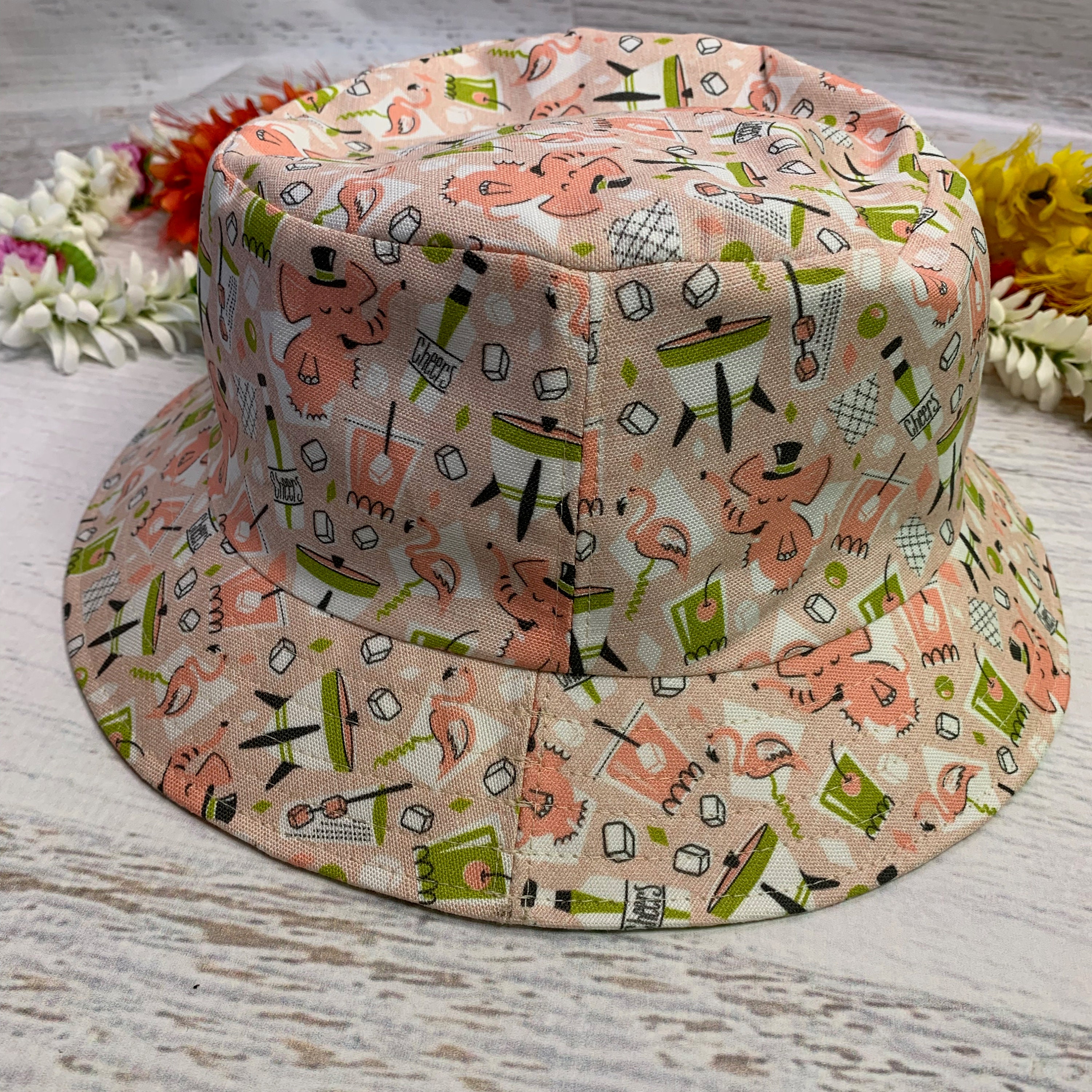Canvas Bucket Hat Pink Elephant Cocktail Lounge Summer Hat Retro MCM Mid Century Cocktails