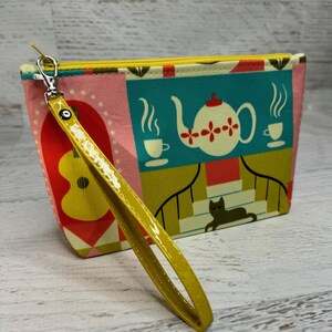 Gatos y guitarras - Moderno de mediados de siglo - Embrague - Bolsa con cremallera - Pulsera - Estampado retro hawaiano - Bolsa de viaje - Club nocturno