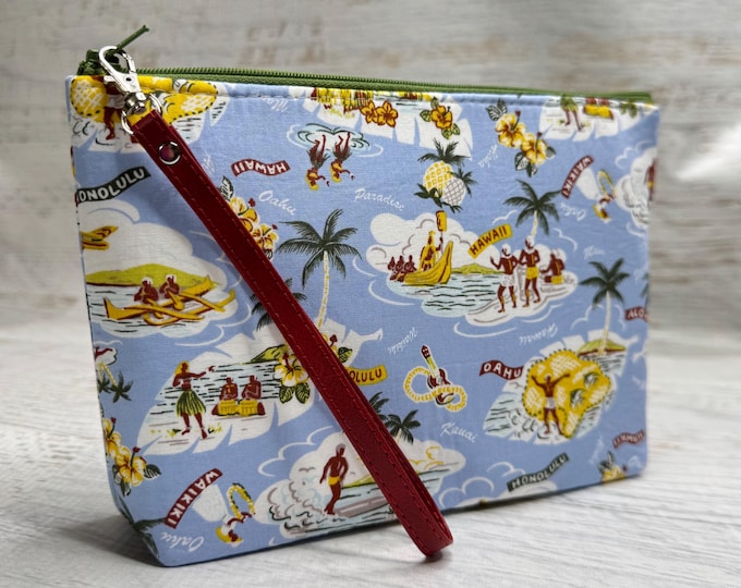 Hawaiian Islands Retro Print - Cotton Woven Zippered Clutch Pouch Wristlet