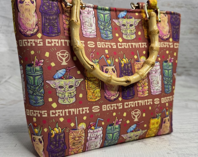 Space Cantina - Brown - Tiki Drinks - SMALL Tote Bag - Purse - Handbag - Crossbody - Tiki - MCM - Retro Vintage Style - Tiki Bar - Tiki Mugs