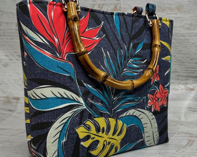 Bali Tropics Resort - SMALL Tote Bag - Purse - Handbag - Crossbody Option - Tiki Purse - MCM - Midcentury Modern - Tapa Cloth