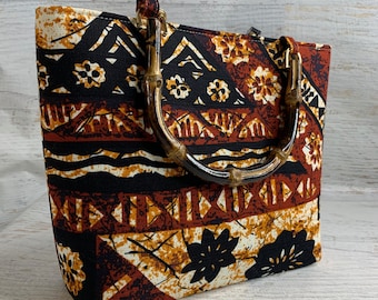 Brown Tapa Cloth - Tote Bag - Purse - Handbag - Crossbody - Barkcloth - MCM - Retro Modern - Tropical - Hawaiian Print - Aloha