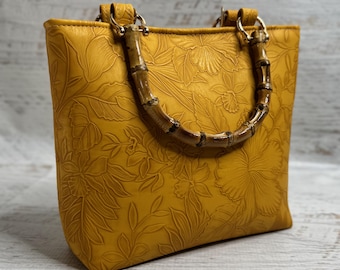 Paniola Collection: Marigold - Embossed Hawaiian Print Vinyl Tote Bag with Bamboo Handles