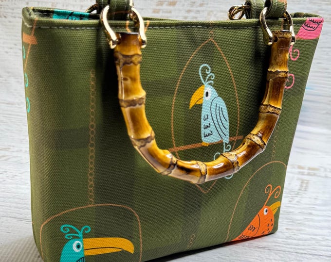 Tiki Birds - SMALL Canvas Tote Bag with Bamboo Handles and Crossbody Strap