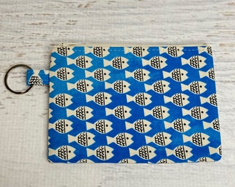 School Of Fish - Blue - Cotton - Coin Purse - Keychain - Wallet - Key Fob - Key Ring - Floral - Aloha Print - Hawaiian Print