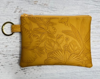 Paniola Collection: Marigold Floral Embossed Vinyl Hawaiian Print Coin Purse Keychain
