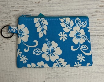 60s Hawaiian - Blue - Cotton - Coin Purse - Keychain - Wallet - Key Fob - Key Ring - Floral - Aloha Print - Hawaiian Print