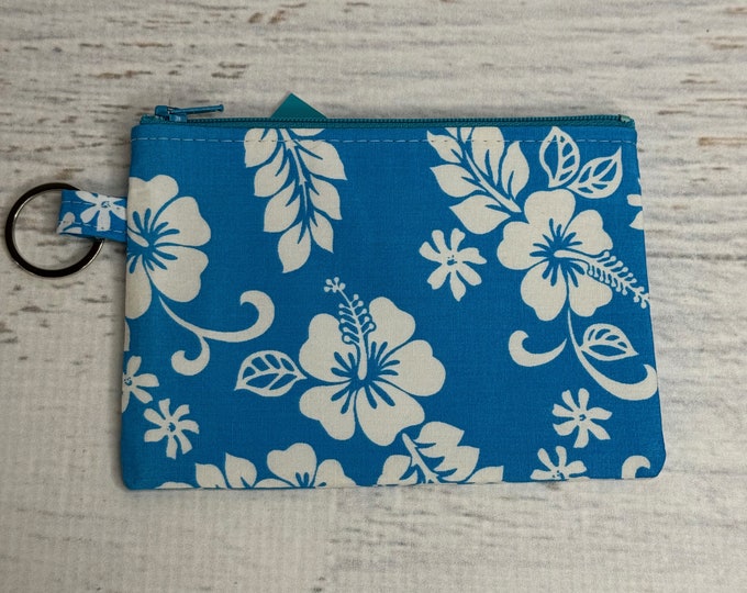 60s Hawaiian - Blue - Cotton - Coin Purse - Keychain - Wallet - Key Fob - Key Ring - Floral - Aloha Print - Hawaiian Print