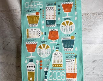 Cheers to 2026 Tea Towel Calendar - Linen Cotton Canvas - MidCentury Modern Cocktail Lounge