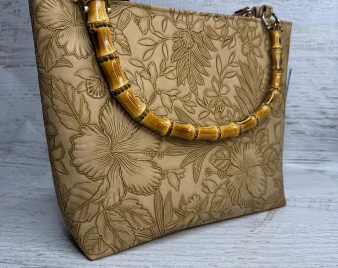 Paniola Tan - Hawaiian Print - Tote Bag - Purse - Handbag - Crossbody - Embossed Tropical Flowers Vinyl - Tiki - MCM - Tropical