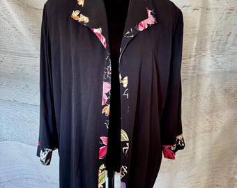 Vintage Alfred Dunner Black Tropical trim coverup jacket size 16