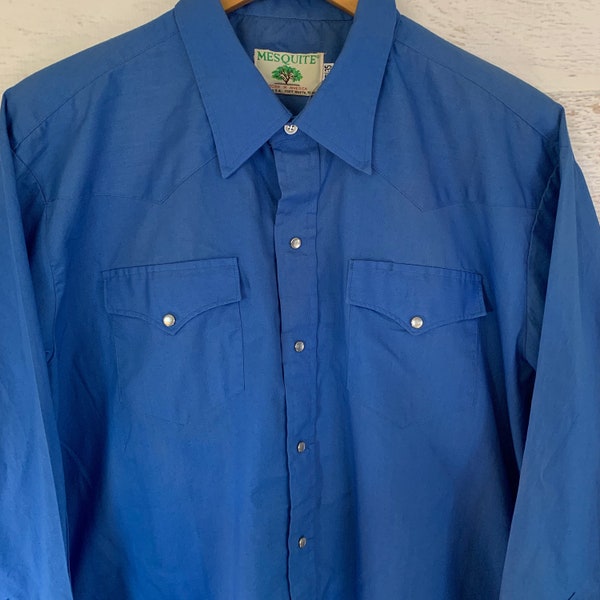 Vintage 80s - Mesquite - Men's Solid Blue Long Sleeve Western Shirt - Long Tail size 48 Tall 17.5-35 XL