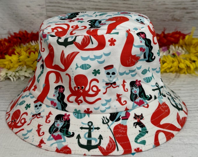 Canvas Bucket Hat - Retro Rockabilly Sirens - White - Summer Hat - Tiki Hat - Luau - Beachcomber Hat - Mermaid