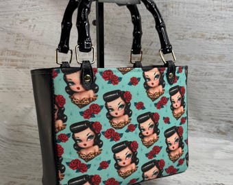 Rockabilly Baby Doll by Miss Fluff - Top Handled Vinyl Handbag or Crossbody Purse  with Zipper Charm Closure