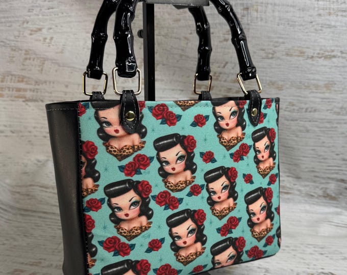 Rockabilly Baby Doll by Miss Fluff - Top Handled Vinyl Handbag or Crossbody Purse  with Zipper Charm Closure