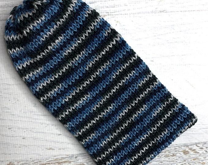 Knit Hat - Icelandic Shore - toque - beanie - stocking cap - adult - Chunky Yarn - Blue Gray Black White Stripes - with or without Pom Pom