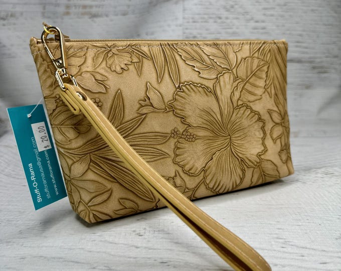 Paniola - Tan - Hawaiian Aloha Print - Clutch - Zipper Pouch - Wristlet - Retro Hawaiian Print - Travel Bag - Nightclub - Vinyl
