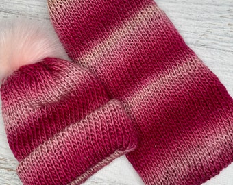 Knit Hat - Dragon Fruit - Glitter Stripes - toque - beanie - stocking cap - adult - toddler - Pink Magenta - with or without Pom Pom