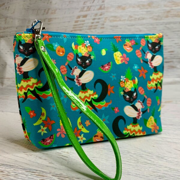 Miss Fluff Kitten Miranda - Clutch - Zipper Pouch - Wristlet - Retro Hawaiian Print - Travel Bag - Nightclub - Tiki Bar - Tropical