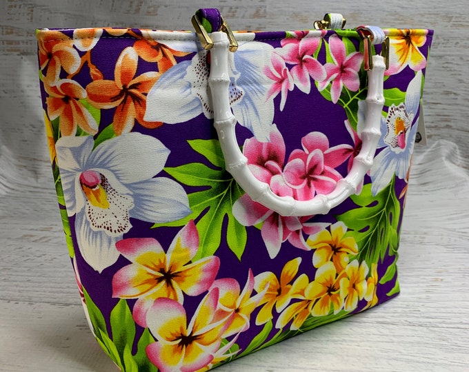 Purple Aloha Hawaiian Print - Tote Bag - Purse - Handbag - Crossbody - Canvas - Tiki - MCM - Tropical - Floral - Plumeria - Cymbidium Orchid