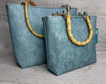 Paniola Light Blue - Hawaiian Print - Tote Bag - Purse - Handbag - Crossbody - Embossed Tropical Flowers Vinyl - Tiki - MCM - Tropical