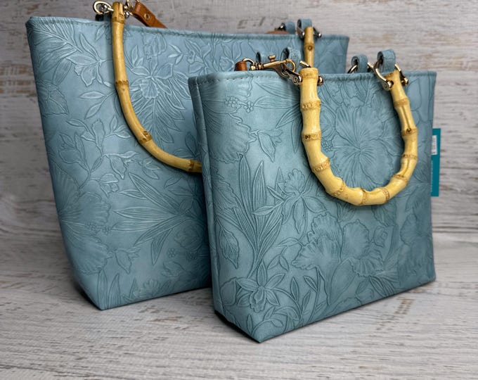 Paniola Light Blue - Hawaiian Print - Tote Bag - Purse - Handbag - Crossbody - Embossed Tropical Flowers Vinyl - Tiki - MCM - Tropical