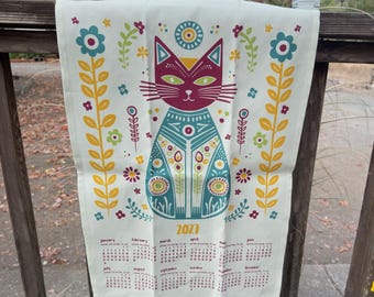 Folk Art Cat | 2027 Tea Towel Calendar | Linen Cotton Canvas