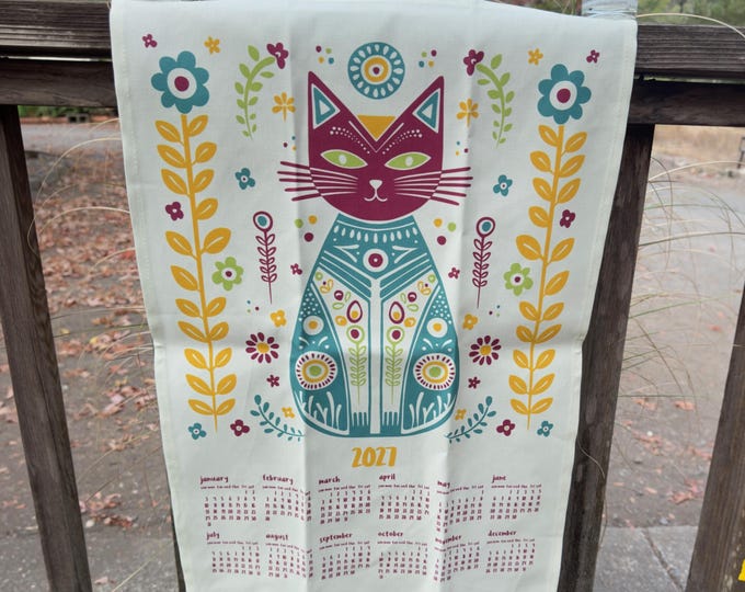 Folk Art Cat | 2027 Tea Towel Calendar | Linen Cotton Canvas