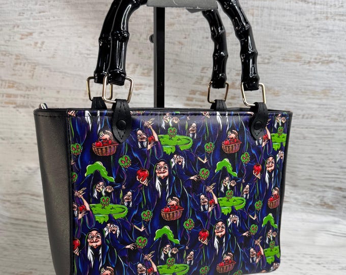 Evil Hag with Poison Apple - Top Handled Handbag or Crossbody Purse with Zipper Charm Closure - Spooky Halloween Vinyl Purse