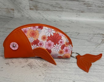 Fish Pouch - Flower Power - Pink Orange -  Zipper Pouch - Keychain - Make Up Bag - Zipper Clutch - Novelty - Vinyl - Vegan Leather