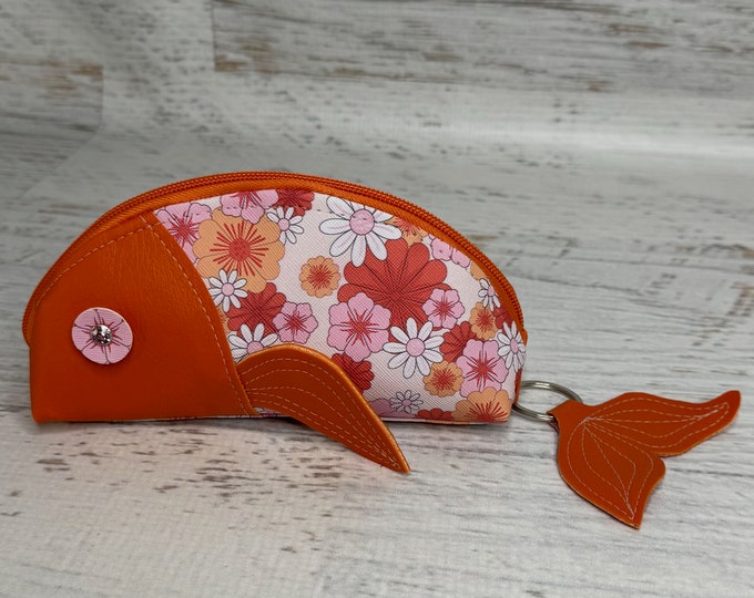Fish Pouch - Flower Power - Pink Orange -  Zipper Pouch - Keychain - Make Up Bag - Zipper Clutch - Novelty - Vinyl - Vegan Leather
