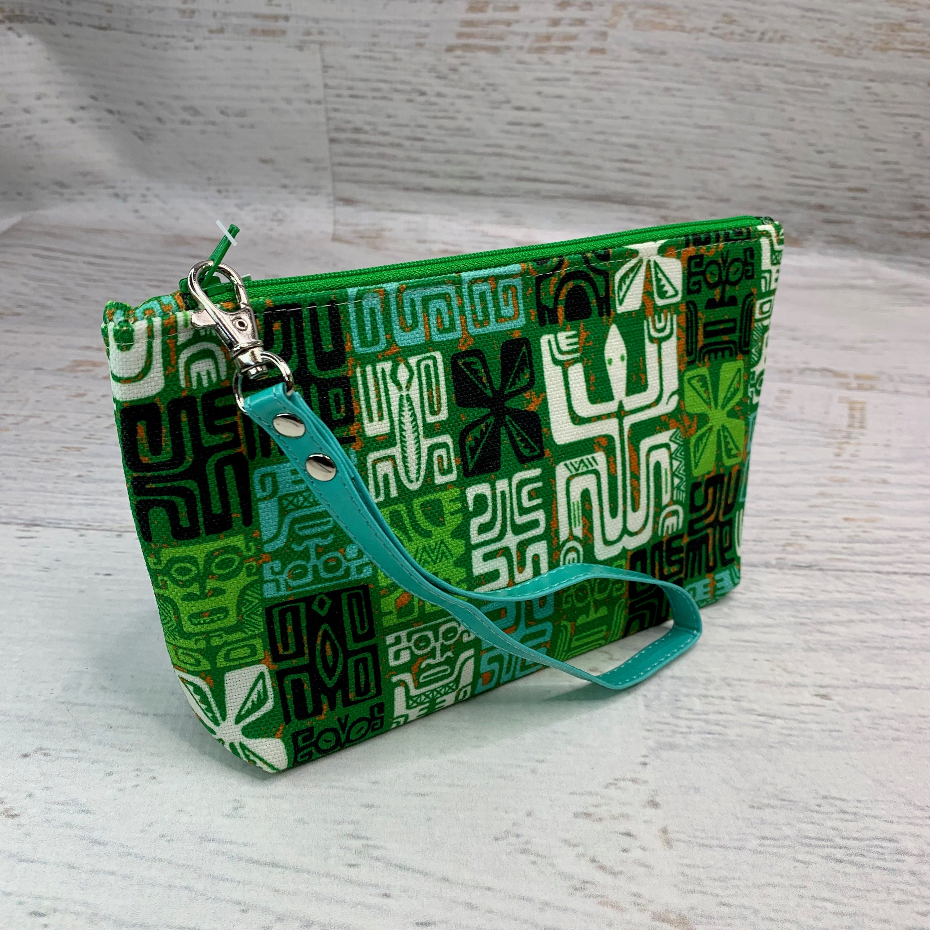 MidCentury Tikis Green Hawaiian Aloha Print Clutch Zipper Pouch