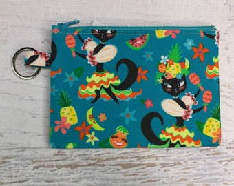 Miss Fluff Kitten Miranda - Cotton Canvas - Coin Purse - Keychain - Wallet - Key Fob - Key Ring - Aloha Print - Hawaiian Print - Pin Up