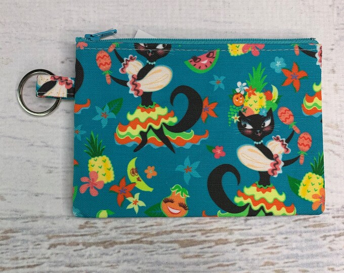 Miss Fluff Kitten Miranda - Cotton Canvas - Coin Purse - Keychain - Wallet - Key Fob - Key Ring - Aloha Print - Hawaiian Print - Pin Up