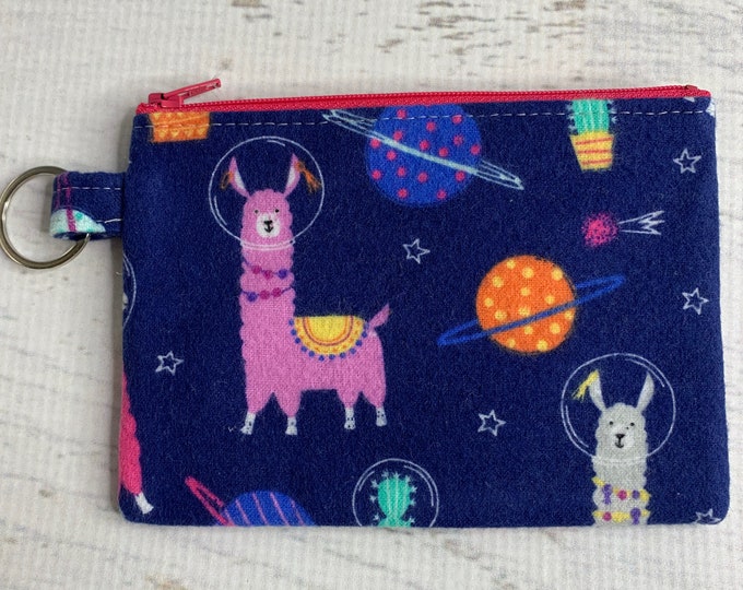 Llamas In Space - Cotton FLANNEL - Coin Purse - Keychain - Wallet - Key Fob - Key Ring - Alpacas - Planets