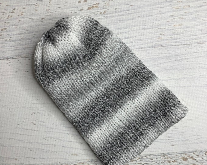Knit Hat - Pebble Beach - toque - beanie - stocking cap - adult - Chunky Yarn - White Gray Silver Charcoal - with or without Pom Pom