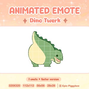 Puede incluir: Emoticono animado de un dinosaurio verde con la barriga amarilla, haciendo twerking. El emoticono se titula "Dino Twerk" e incluye el texto "1 emote + faster version".