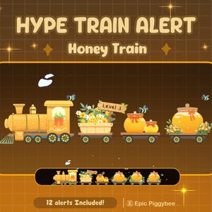 Puede incluir: Ilustración de dibujos animados de un tren amarillo con la etiqueta "Honey Train". Los vagones del tren transportan flores, tarros de miel y abejas. El texto de la parte superior dice "Hype Train Alert". El texto inferior dice "12 alerts Included!"