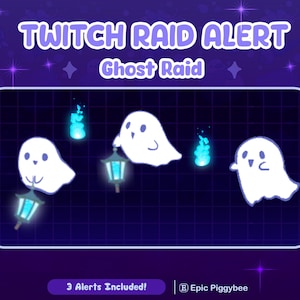 May include: A digital graphic titled TWITCH RAID ALERT Ghost Raid featuring three white cartoon ghosts on a dark purple grid background. Two ghosts hold glowing blue lanterns, while two small blue flames float between them. Text reads 3 Alerts Included!