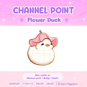 Puede incluir: Un pato blanco con una flor rosa en la cabeza. El pato lleva un sombrero de flor rosa y tiene un cuerpo blanco. La imagen es una recompensa de puntos de canal para un streamer de Twitch.