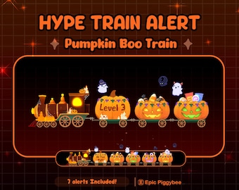 以下が含まれることがあります： ハロウィーンをテーマにしたデジタルグラフィック。カボチャの車両と幽霊が登場する列車。テキスト「HYPE TRAIN ALERT」と「Pumpkin Boo Train」が表示されています。列車の車両はキャンディーと「Level 3」の文字で装飾されています。