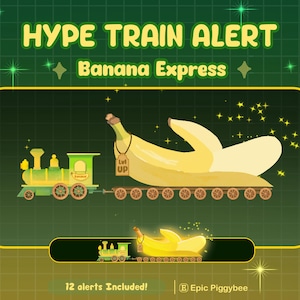 May include: A whimsical illustration features a banana transformed into a train, labeled "Banana Express." The image includes a green train, a peeled banana train car, and text that reads "Hype Train Alert." The background is green.
