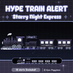 Może przedstawiać: Cyfrowa ilustracja pociągu "Starry Night Express" z tekstem "HYPE TRAIN ALERT". Pociąg jest ciemny z białymi akcentami i flagą "Level 3". Obraz zawiera tekst "12 alerts Included!"