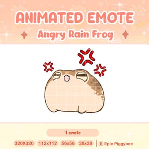 Peut inclure: Émoticône animé d'une grenouille de pluie en colère avec des émojis de visage rouge en colère. La grenouille est brune et beige avec un ventre blanc et regarde vers le haut la bouche ouverte. Le texte "Angry Rain Frog" est au-dessus de la grenouille.
