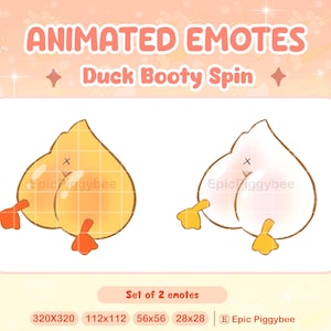 Può includere: Emote animati di un'anatra gialla e bianca con le piume della coda rivolte verso l'alto. Il testo "Duck Booty Spin" è sopra gli emote. Il testo "Set of 2 emotes" è sotto gli emote. Il testo "320x320 112x112 56x56 28x28" è sotto il testo "Set of 2 emotes". Il testo "Epic Piggybee" è sotto il testo "320x320 112x112 56x56 28x28".