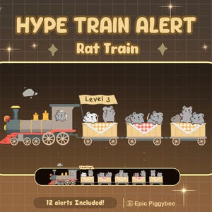 May include: A cartoon illustration of a train carrying rats, with the text "HYPE TRAIN ALERT" and "Rat Train". The train has a "Level 3" banner and the text "12 alerts Included!" is also present.