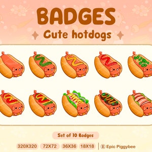May include: Set of 10 cute hotdog badges in various styles. Each badge features a cartoon hotdog with different toppings, including mustard, ketchup, relish, and onions. The badges are available in four sizes: 320x320, 72x72, 36x36, and 18x18.