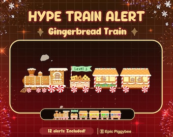 May include: A festive illustration of a gingerbread train with the text "HYPE TRAIN ALERT" and "Gingerbread Train". The train has a locomotive, several cars, and peppermint wheels. The image includes the text "12 alerts Included!"